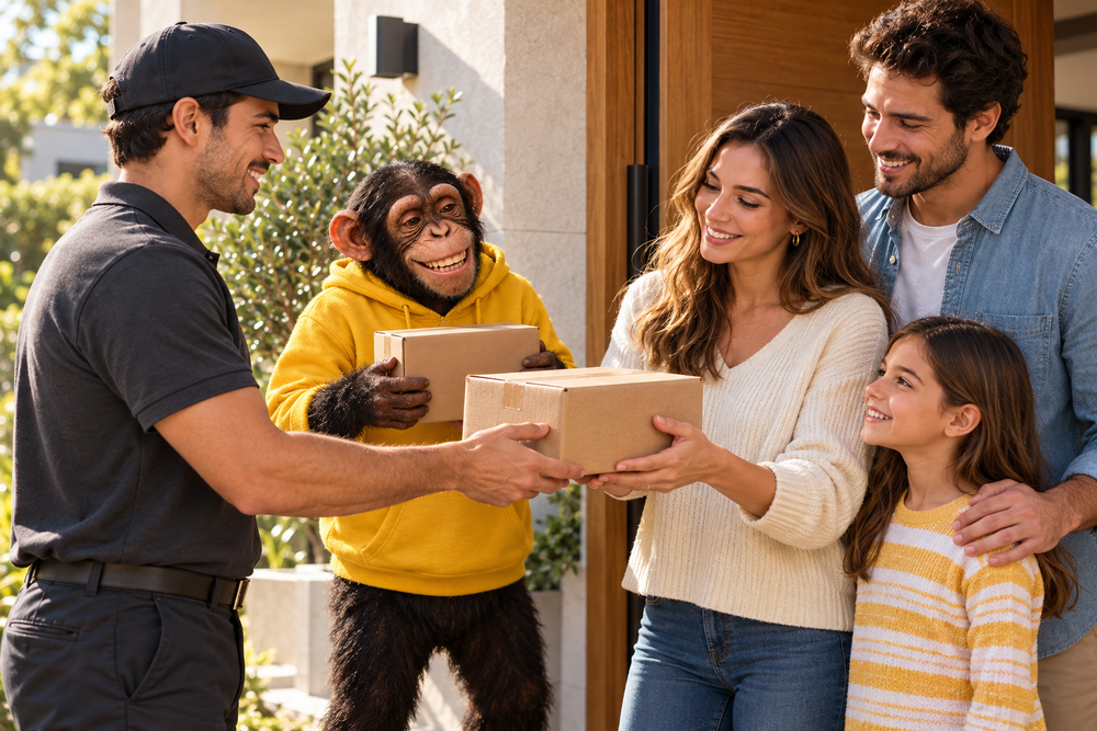 Simio Monkeywatch y repartidor entregando un paquete a una familia