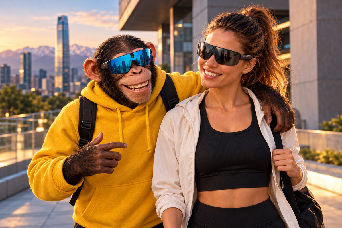 Mujer usando lentes inteligentes negros junto al simio Monkeywatch con lentes azules del mismo modelo
