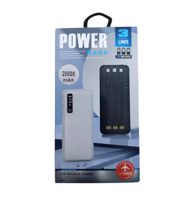Power Bank 20000mAh con 3 USB, Pantalla LED y Cables Integrados