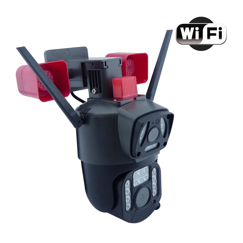 Cámara Seguridad WiFi Doble Lente Sirena Baliza LED HD Cobertura