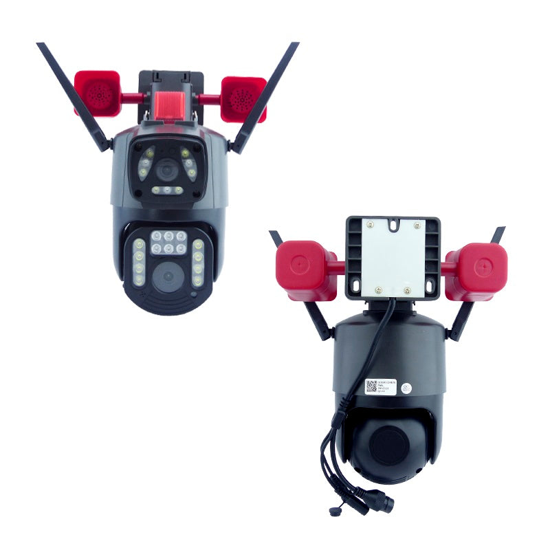Cámara Seguridad WiFi Doble Lente Sirena Baliza LED HD Cobertura