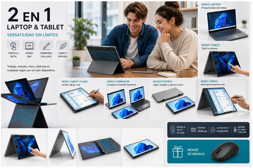 Notebook 14.1" 2 en 1 Táctil, Intel N100, 16GB RAM, 512GB SSD