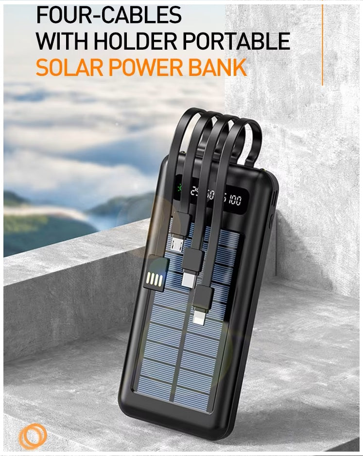 Power Bank Solar 20000mAh Cables Integrados Luz LED