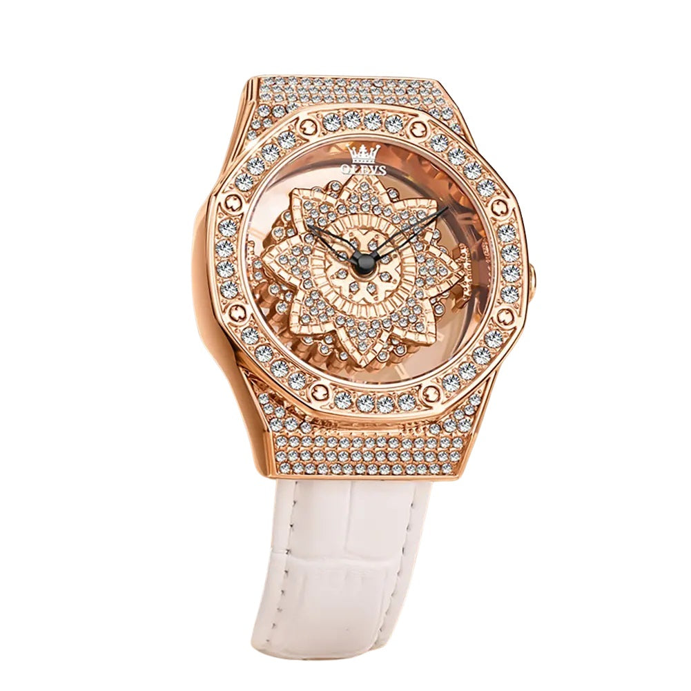 Reloj de Mujer de Lujo con Diseño Floral Rotativo y Correa de Cuero