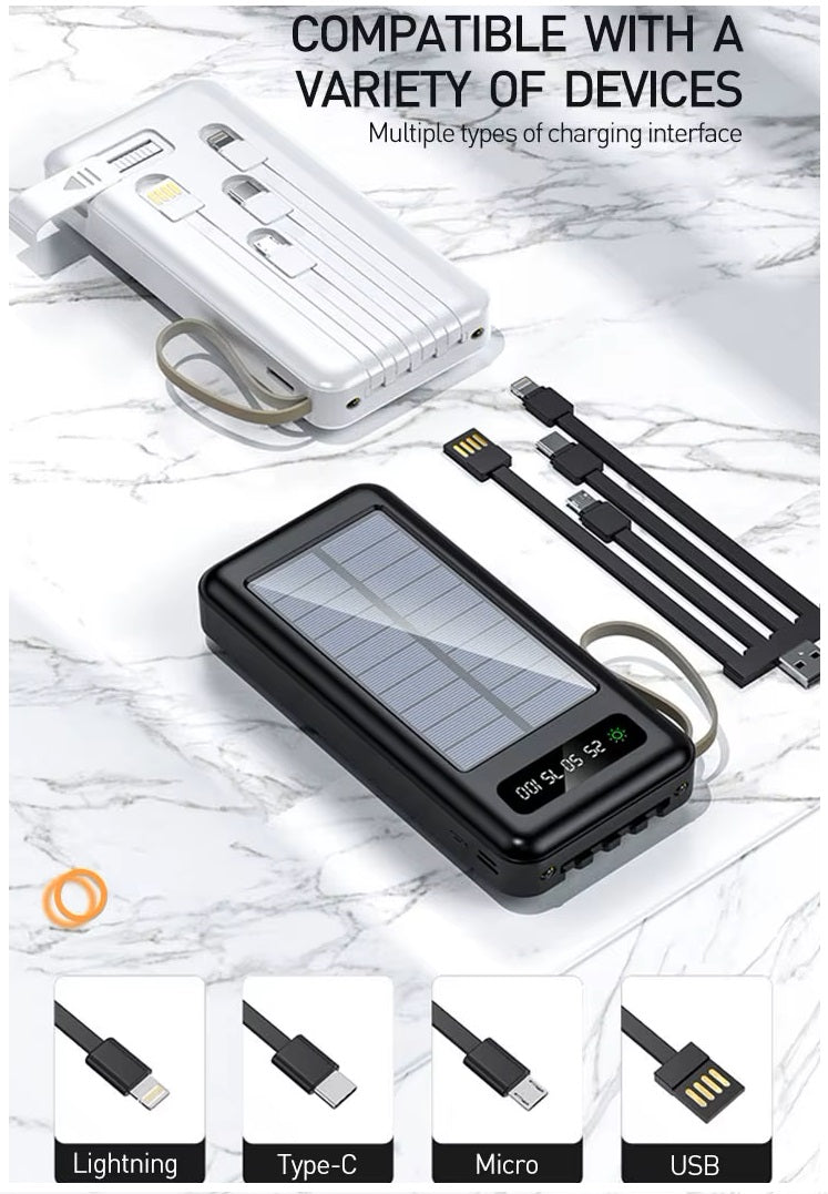 Power Bank Solar 20000mAh Cables Integrados Luz LED