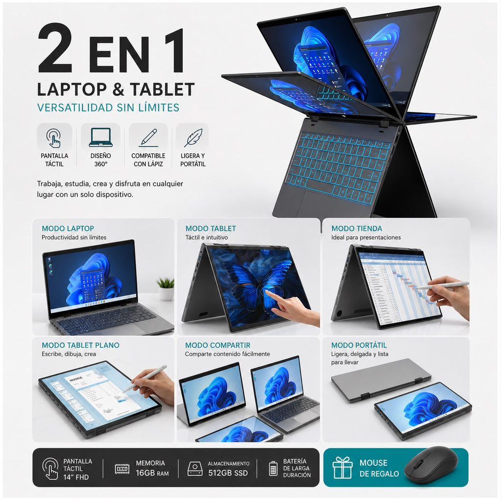 Notebook 14.1" 2 en 1 Táctil, Intel N100, 16GB RAM, 512GB SSD