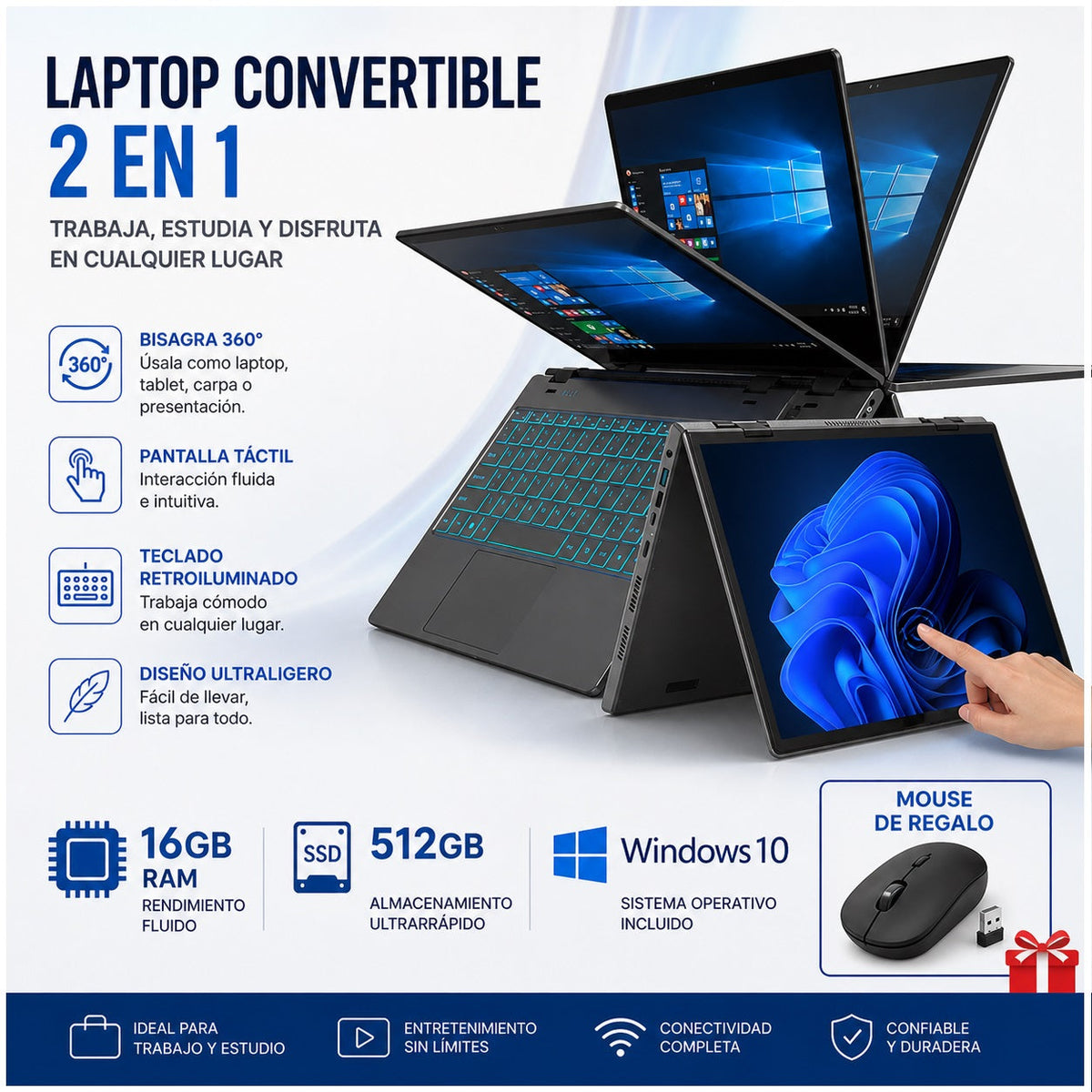 Notebook 14.1" 2 en 1 Táctil, Intel N100, 16GB RAM, 512GB SSD