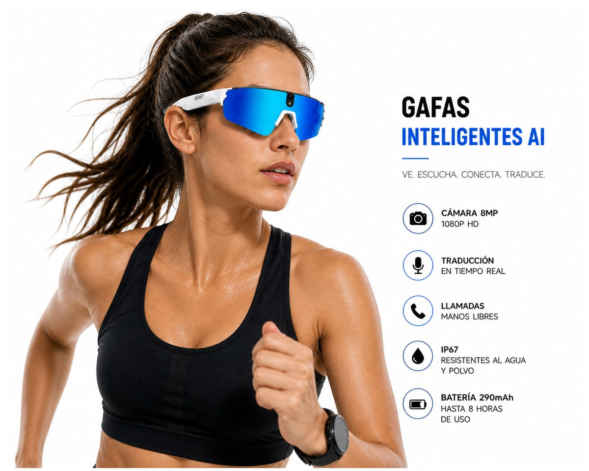 Gafas Inteligentes con IA 1080P Cámara 8MP, Traducción en Tiempo Real
