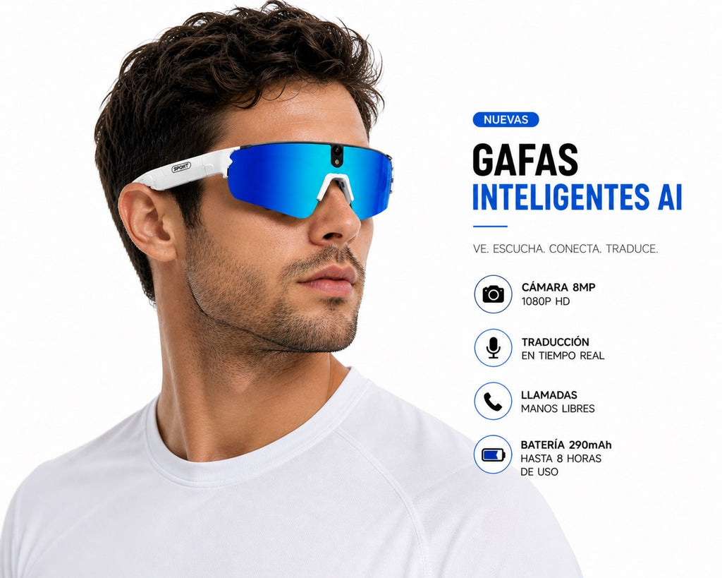 Gafas Inteligentes con IA 1080P Cámara 8MP, Traducción en Tiempo Real