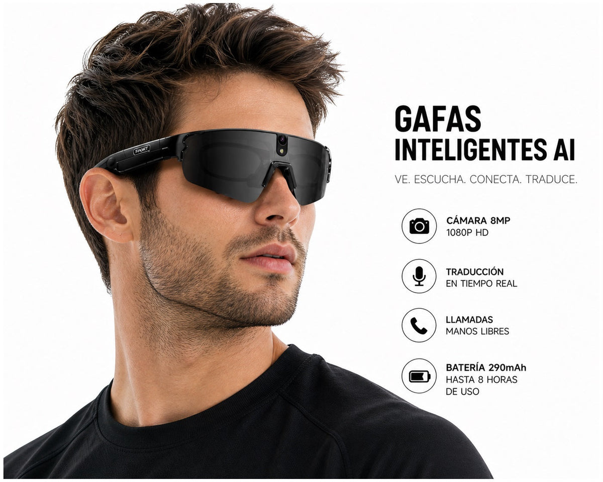 Gafas Inteligentes con IA 1080P Cámara 8MP, Traducción en Tiempo Real