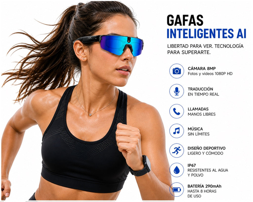 Gafas Inteligentes con IA 1080P Cámara 8MP, Traducción en Tiempo Real