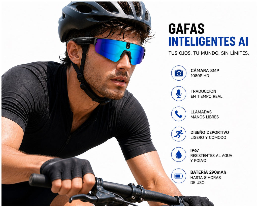 Gafas Inteligentes con IA 1080P Cámara 8MP, Traducción en Tiempo Real