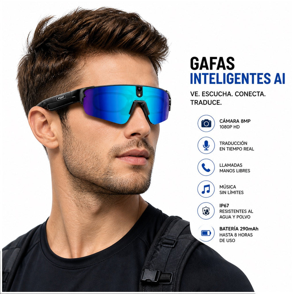 Gafas Inteligentes con IA 1080P Cámara 8MP, Traducción en Tiempo Real