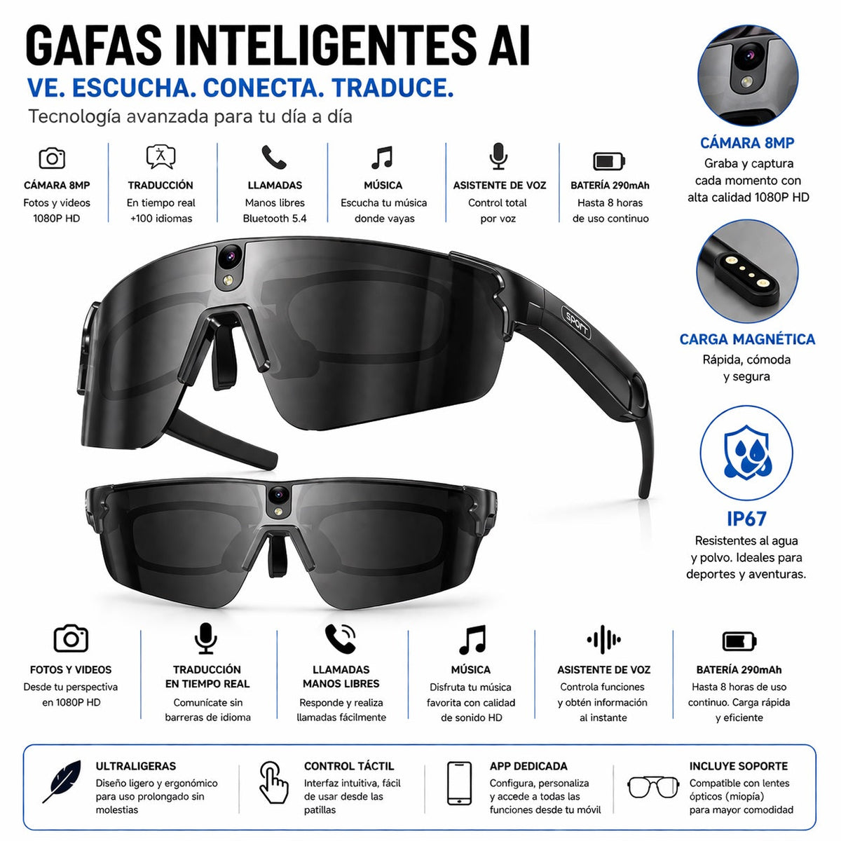 Gafas Inteligentes con IA 1080P Cámara 8MP, Traducción en Tiempo Real