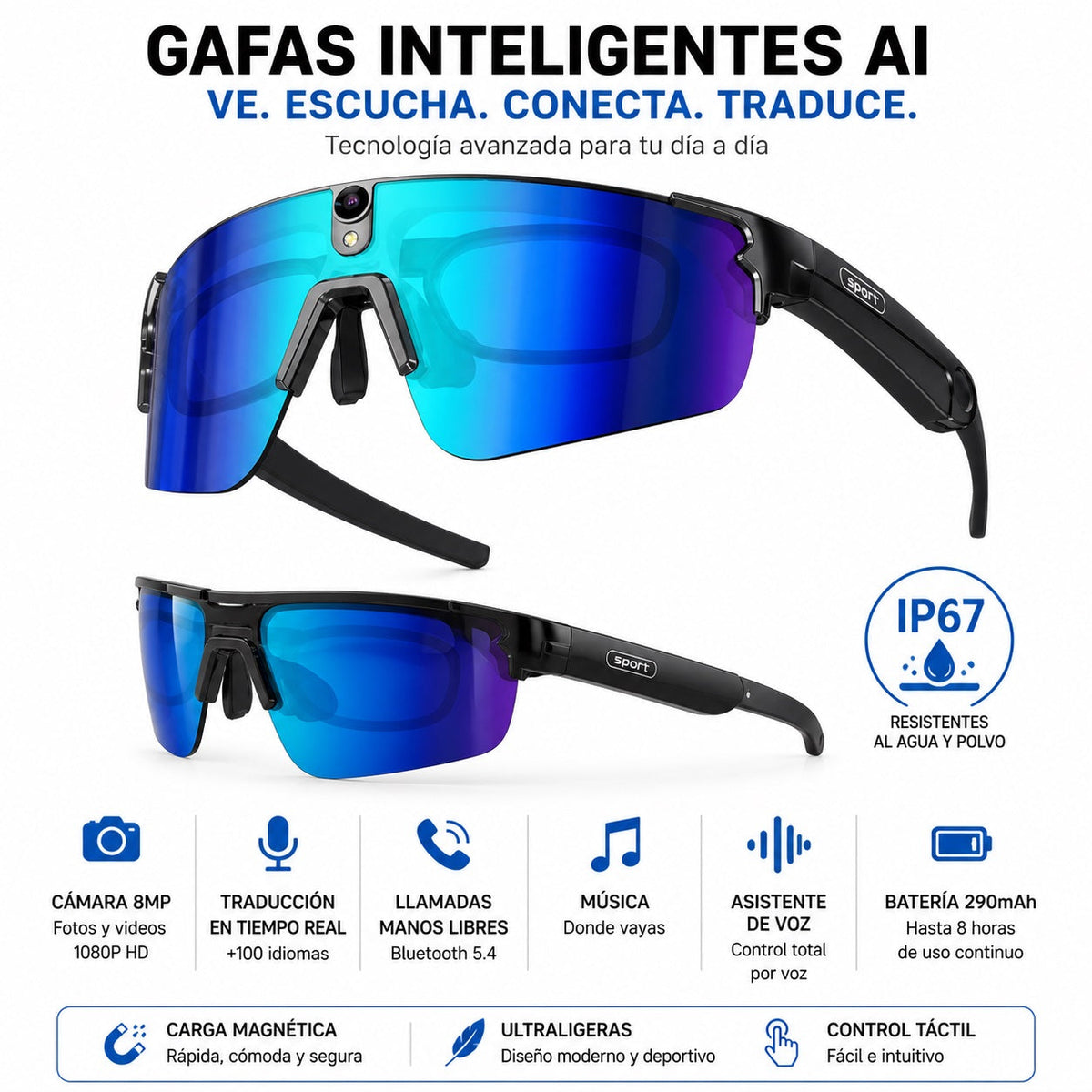 Gafas Inteligentes con IA 1080P Cámara 8MP, Traducción en Tiempo Real
