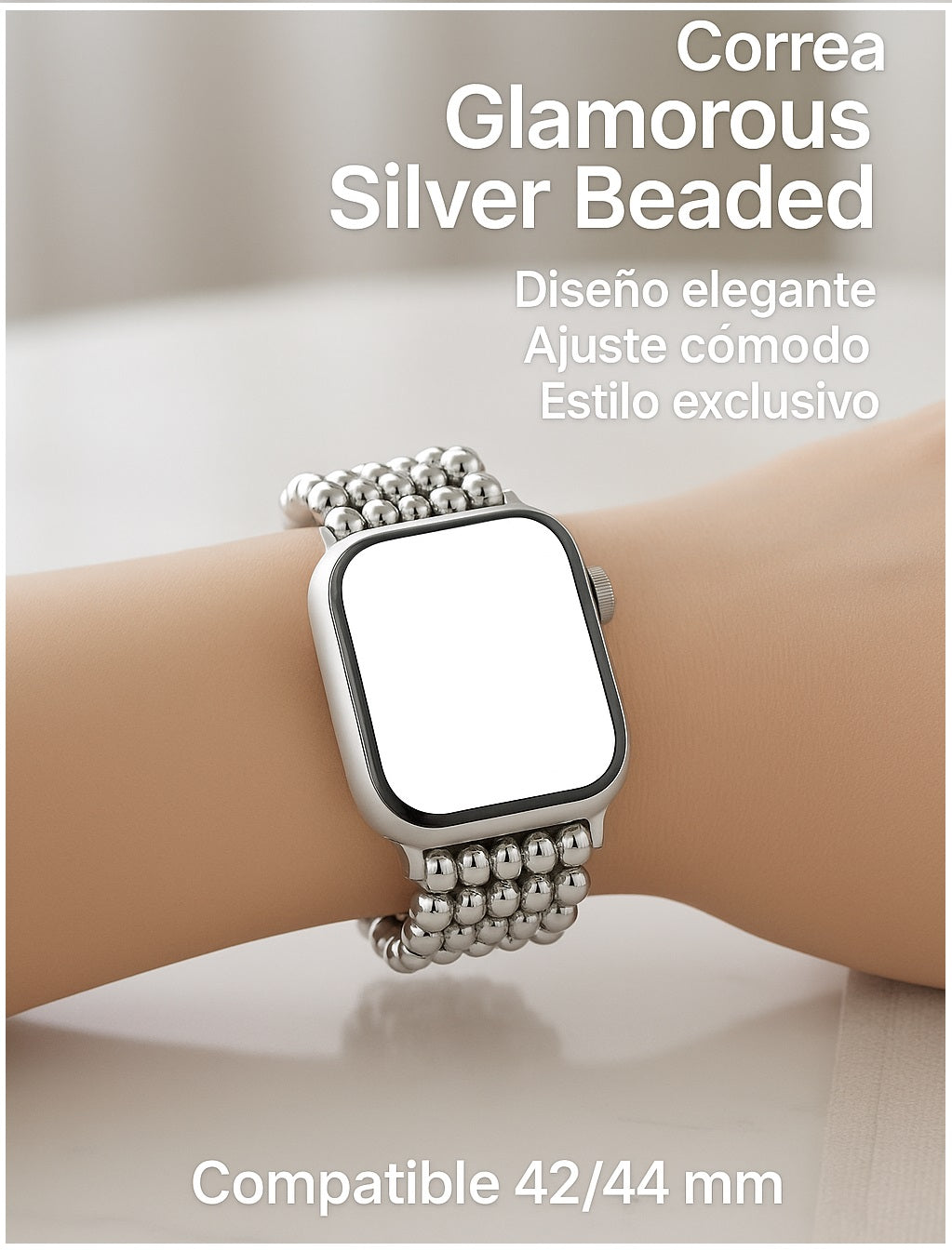 Correa Silver Beaded para Apple Watch 42/44 mm, Diseño Elegante