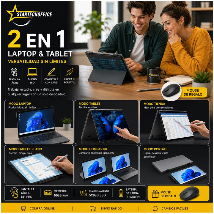 Notebook 14.1" 2 en 1 Táctil, Intel N100, 16GB RAM, 512GB SSD