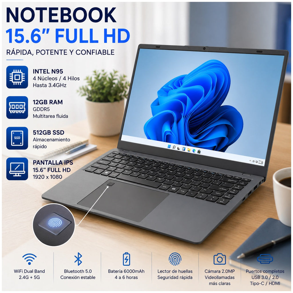 Notebook E158 15.6” FHD Intel N95 12GB RAM 512GB SSD - imagen 8