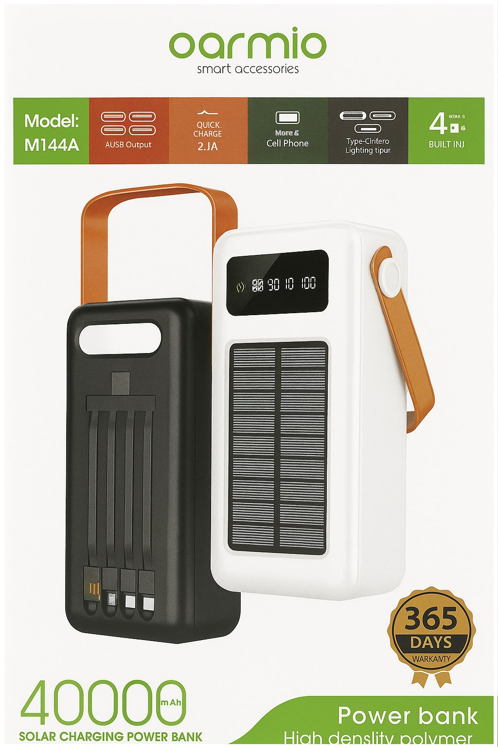 Power Bank Solar 40000mAh Cables Integrados Luz LED
