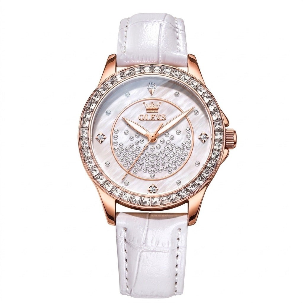 Reloj de Mujer Elegante de Cuarzo Cristales Decorativos Correa Blanca