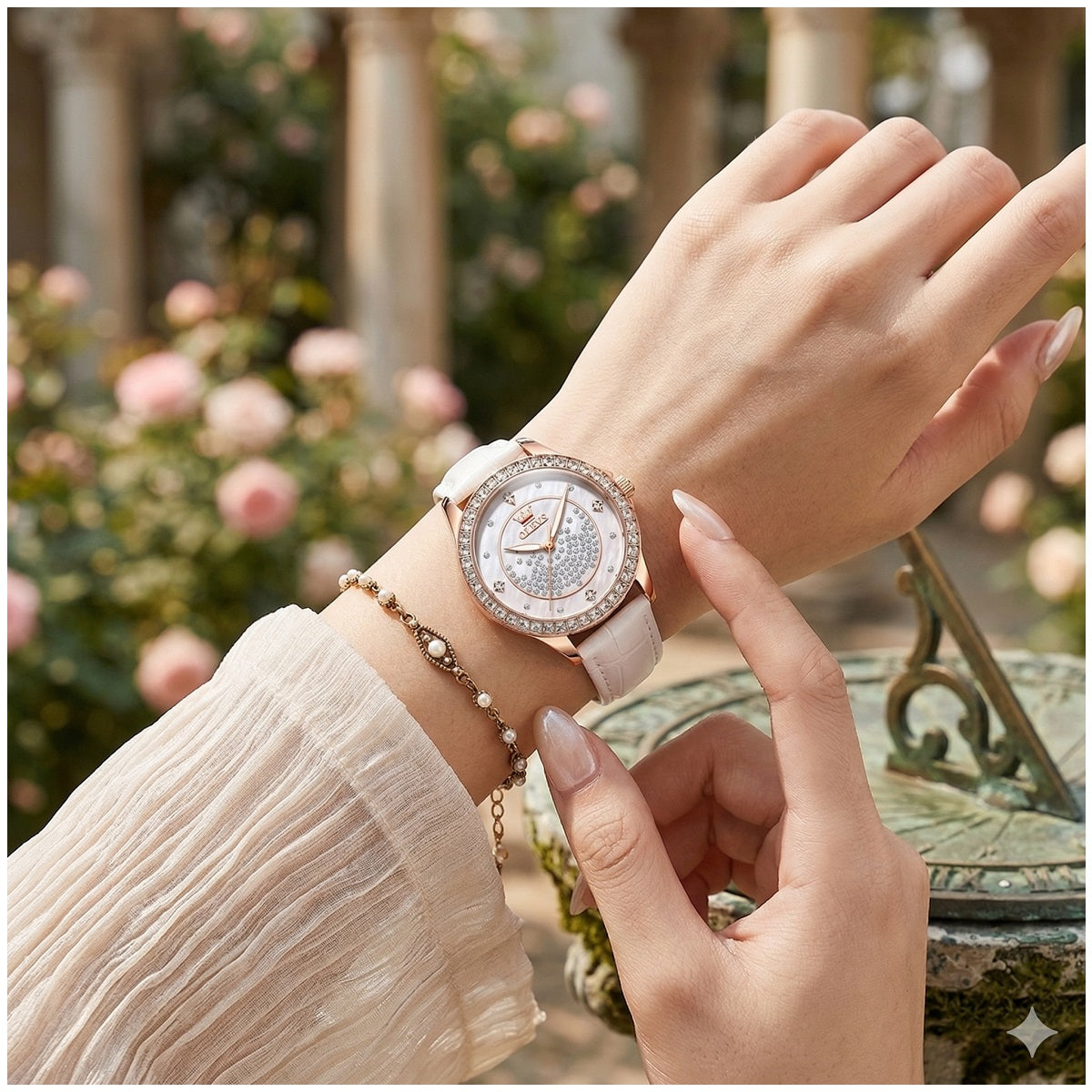 Reloj de Mujer Elegante de Cuarzo Cristales Decorativos Correa Blanca