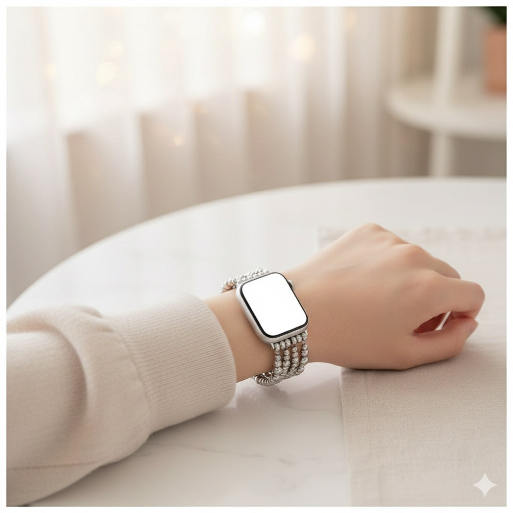 Correa Silver Beaded para Apple Watch 42/44 mm, Diseño Elegante