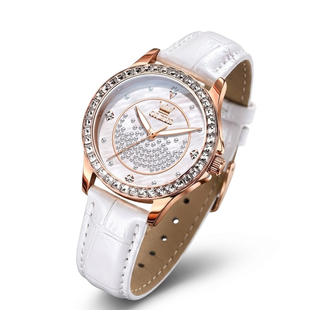 Reloj de Mujer Elegante de Cuarzo Cristales Decorativos Correa Blanca