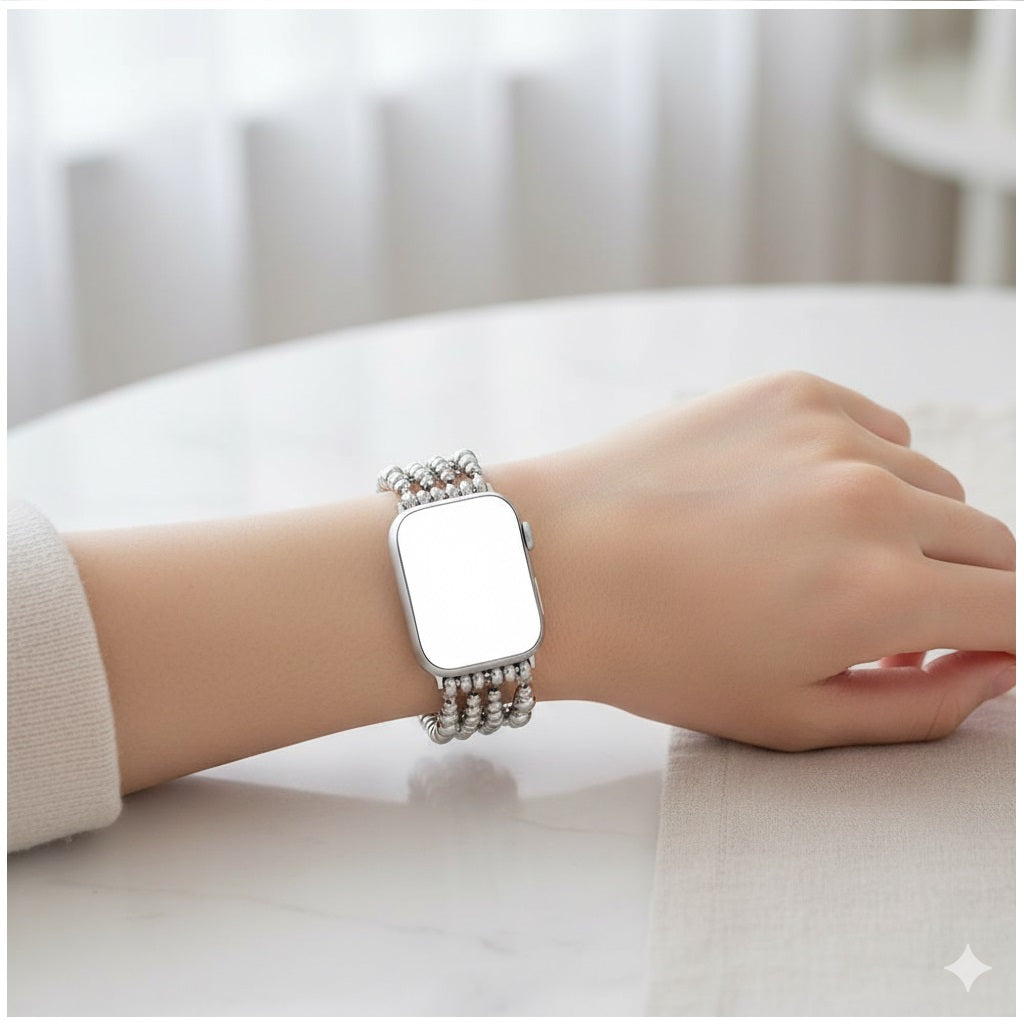 Correa Silver Beaded para Apple Watch 42/44 mm, Diseño Elegante