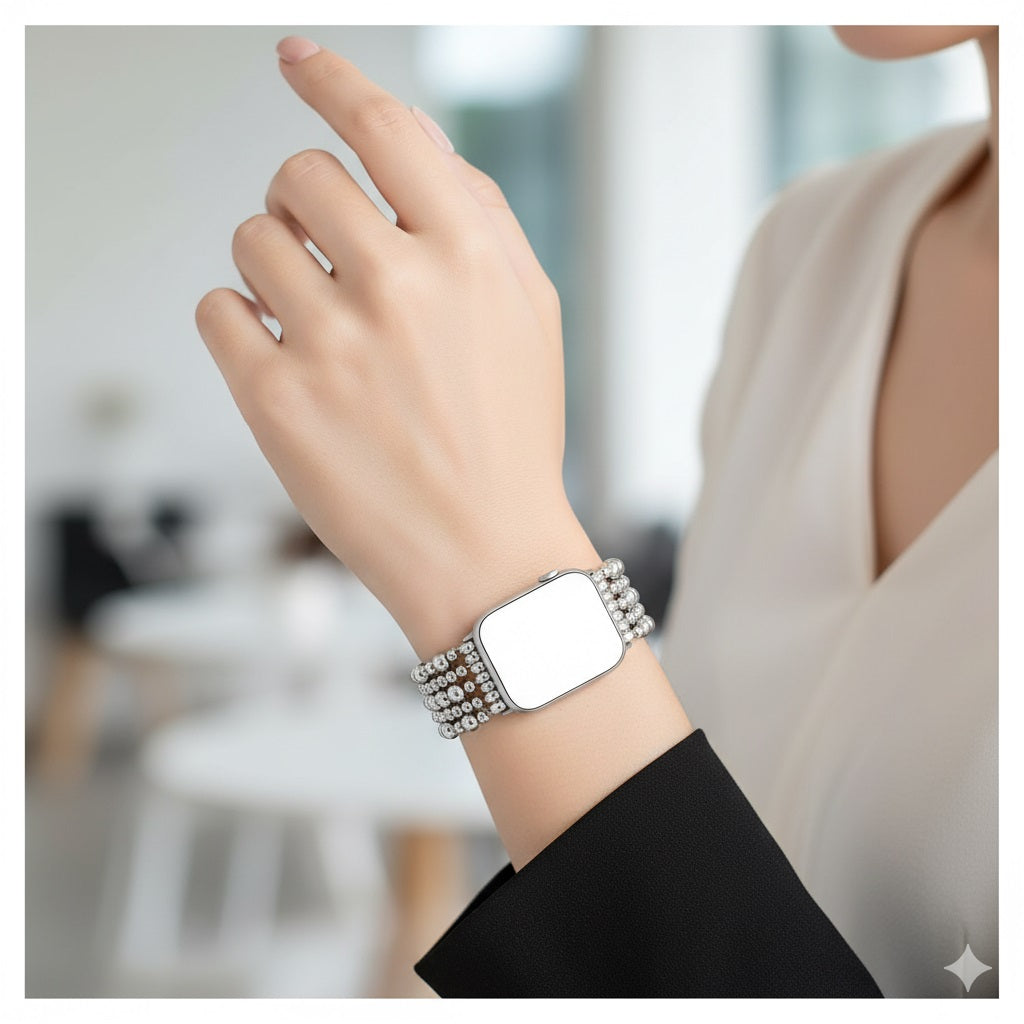 Correa Silver Beaded para Apple Watch 42/44 mm, Diseño Elegante