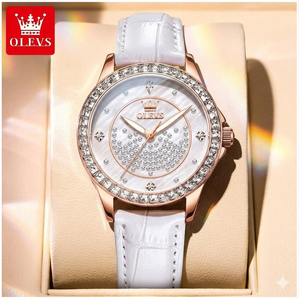 Reloj de Mujer Elegante de Cuarzo Cristales Decorativos Correa Blanca