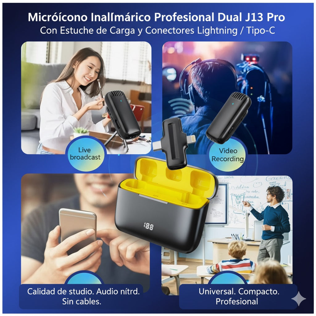 Micrófono Inalámbrico Profesional Dual J13 Pro con Estuche de Carga
