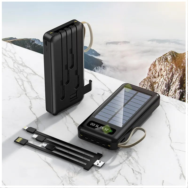 Power Bank Solar 20000mAh Cables Integrados Luz LED