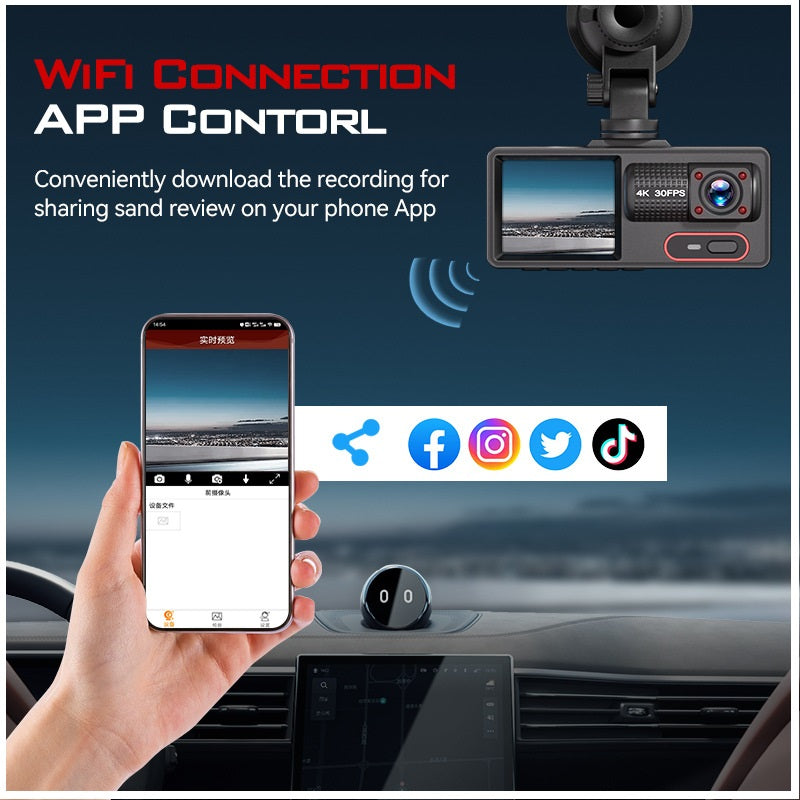 Cámara para Coche HD 1080P con Triple Grabación, WiFi, Sensor G