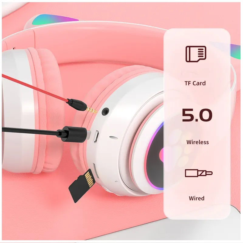 Audífonos RGB Orejas de Gato Bluetooth 5.0 – Rosado