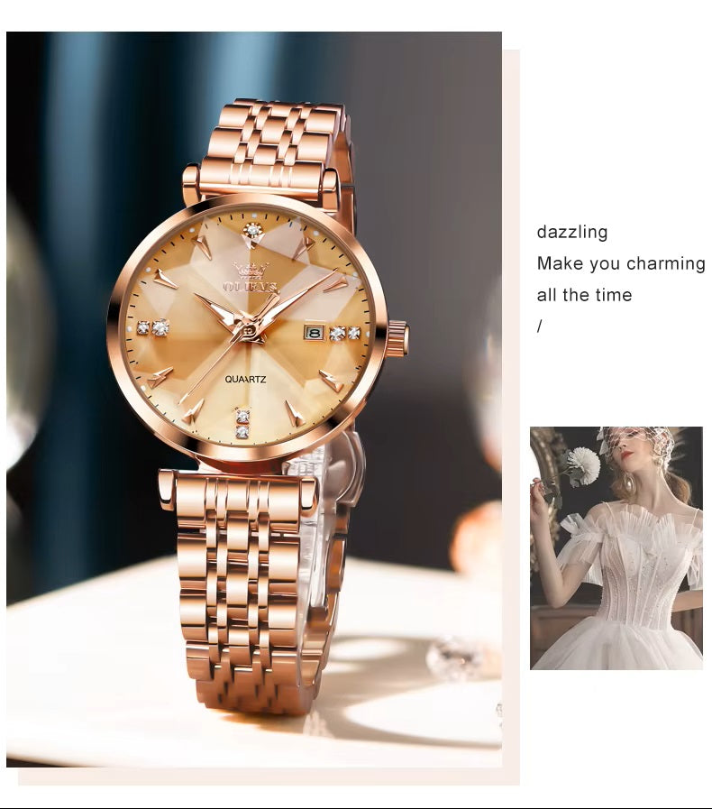 Reloj Cuarzo Mujer Esfera Esmeralda, Cristales y Correa de Acero