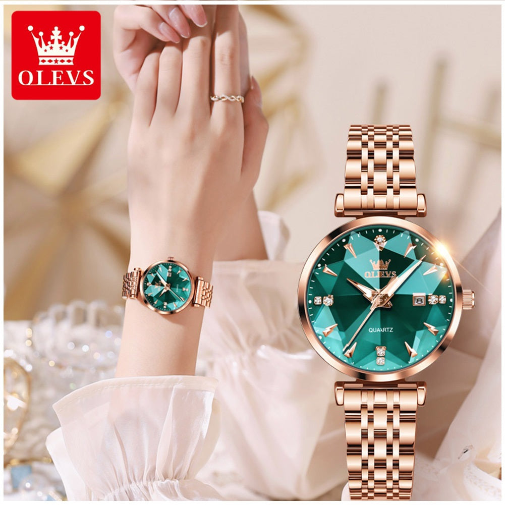 Reloj Cuarzo Mujer Esfera Esmeralda, Cristales y Correa de Acero
