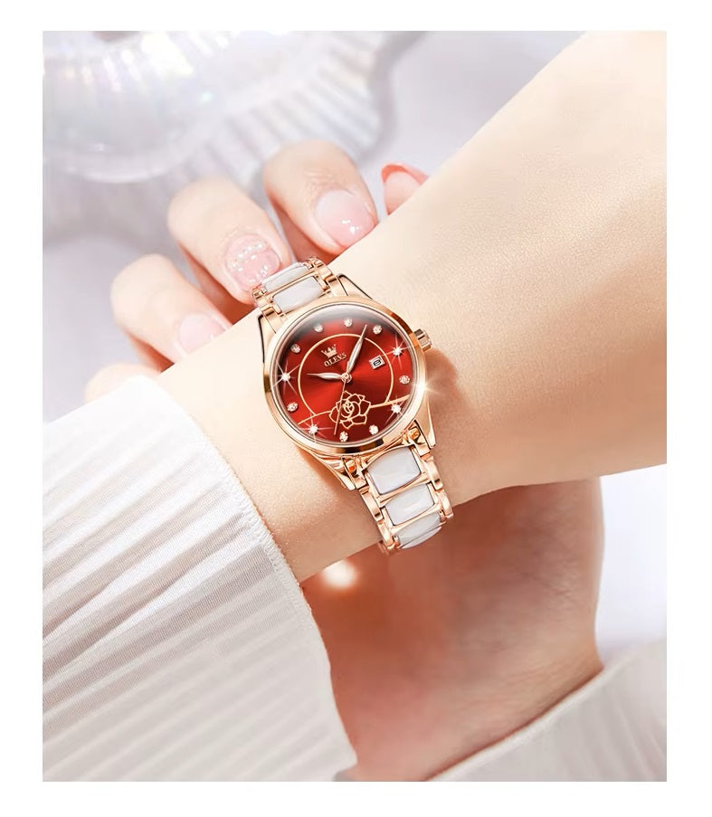 Reloj Elegante para Mujer con Esfera Roja Pulsera de Acero Inoxidable
