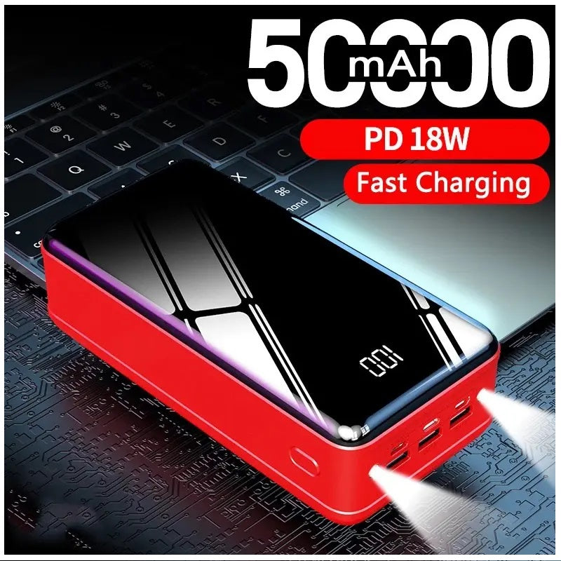 Power Bank 50000mAh 3 USB Tipo C Lightning linterna Rojo