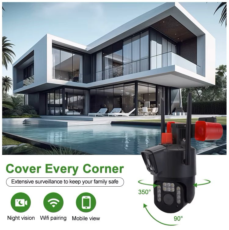 Cámara Seguridad WiFi Doble Lente Sirena Baliza LED HD Cobertura