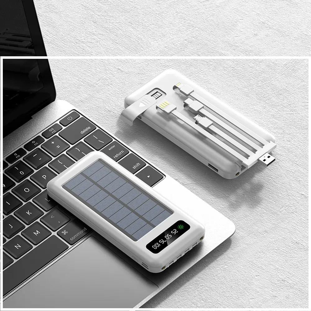 Power Bank Solar 20000mAh Cables Integrados Luz LED