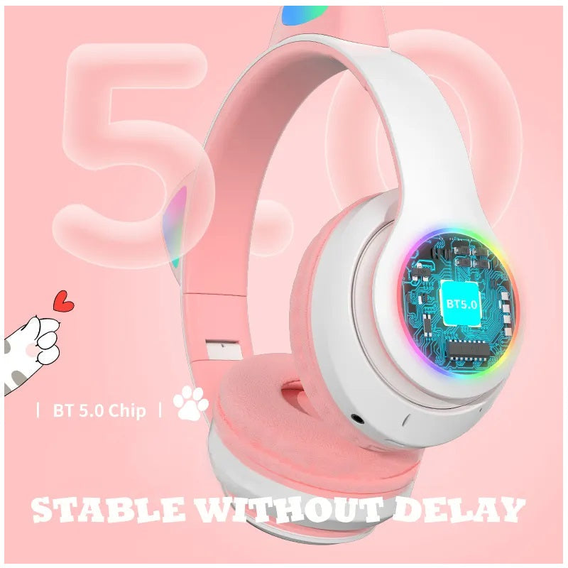 Audífonos RGB Orejas de Gato Bluetooth 5.0 – Rosado