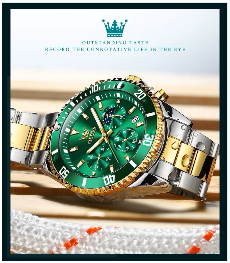 Reloj Cronógrafo Deportivo Hombre Acero Inoxidable Verde Dorado 42.5mm