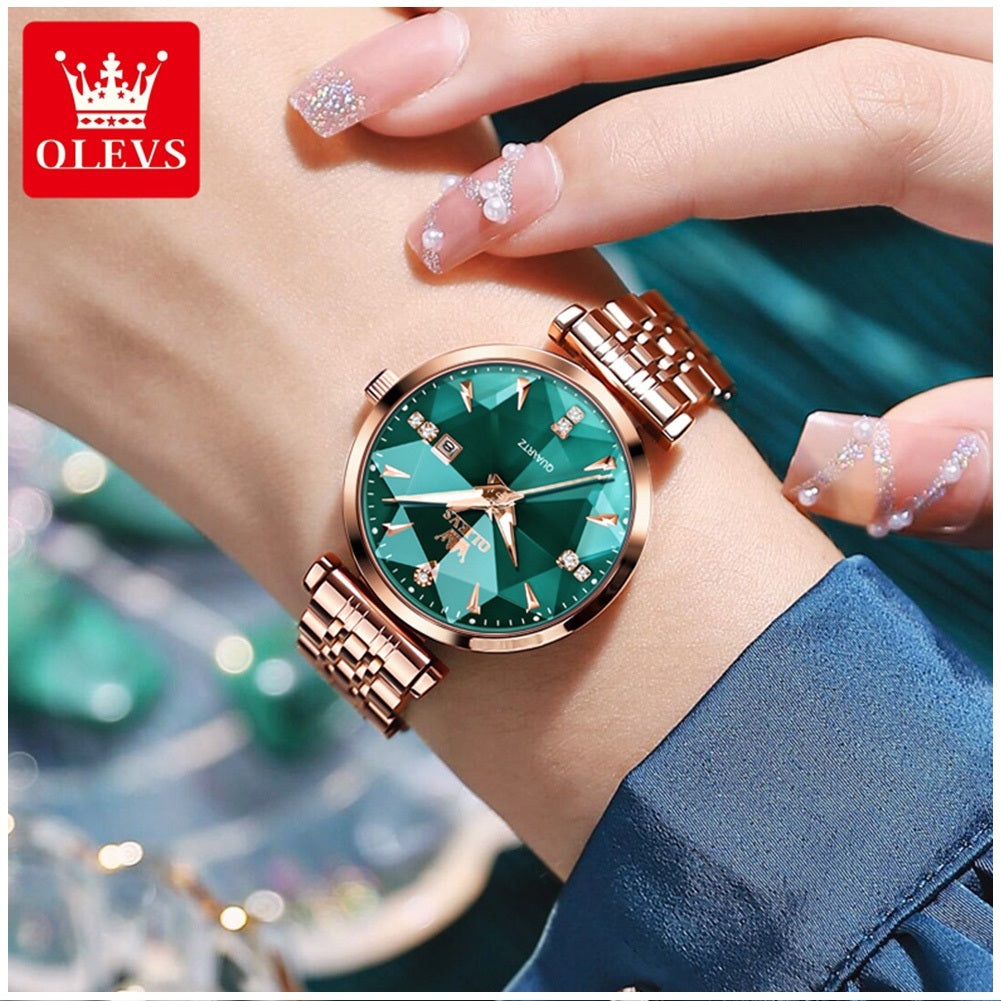 Reloj Cuarzo Mujer Esfera Esmeralda, Cristales y Correa de Acero