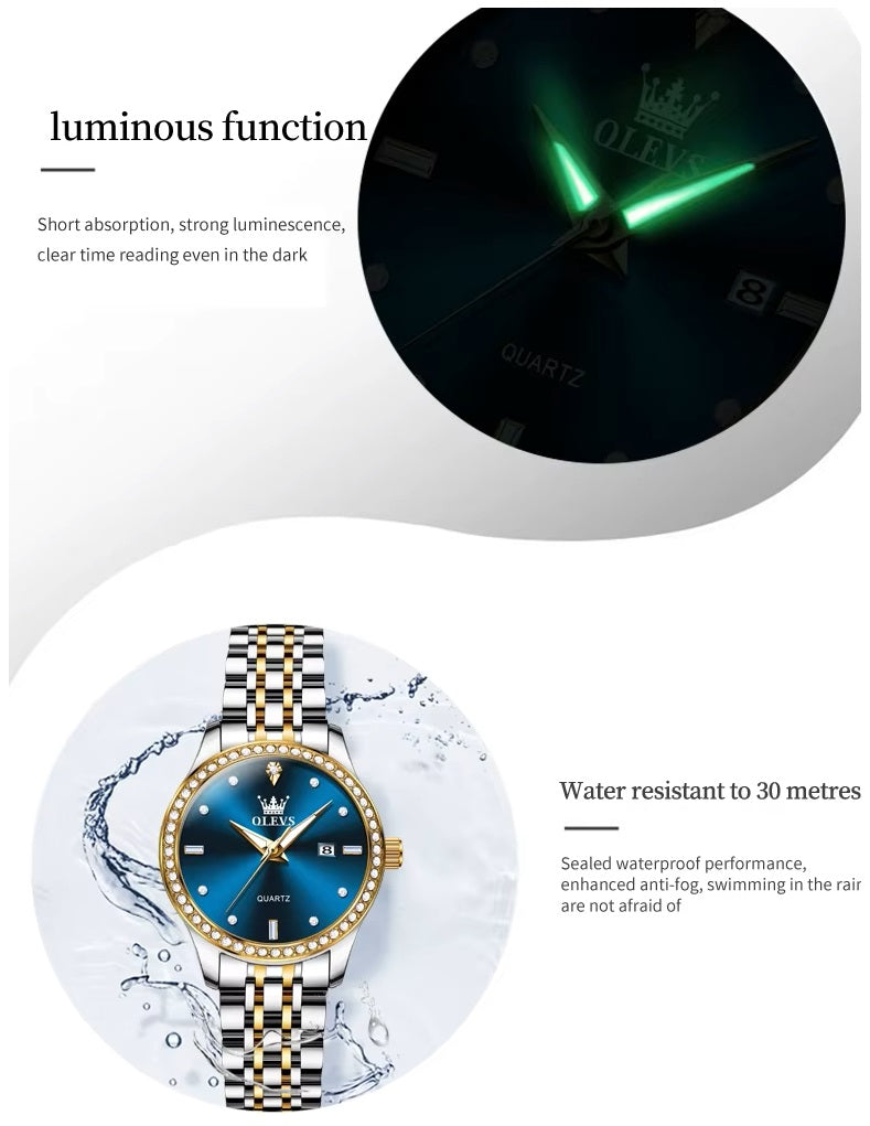 Reloj Lujo Mujer Cuarzo, Esfera Azul, Circonias Brillantes