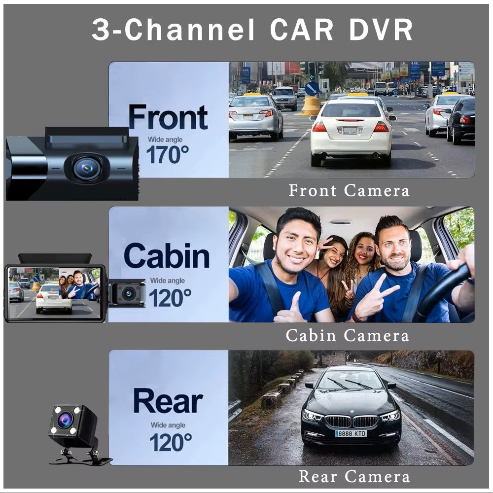 Cámara Vehicular 3 Lentes Full HD 1080P con WiFi, Pantalla de 3”