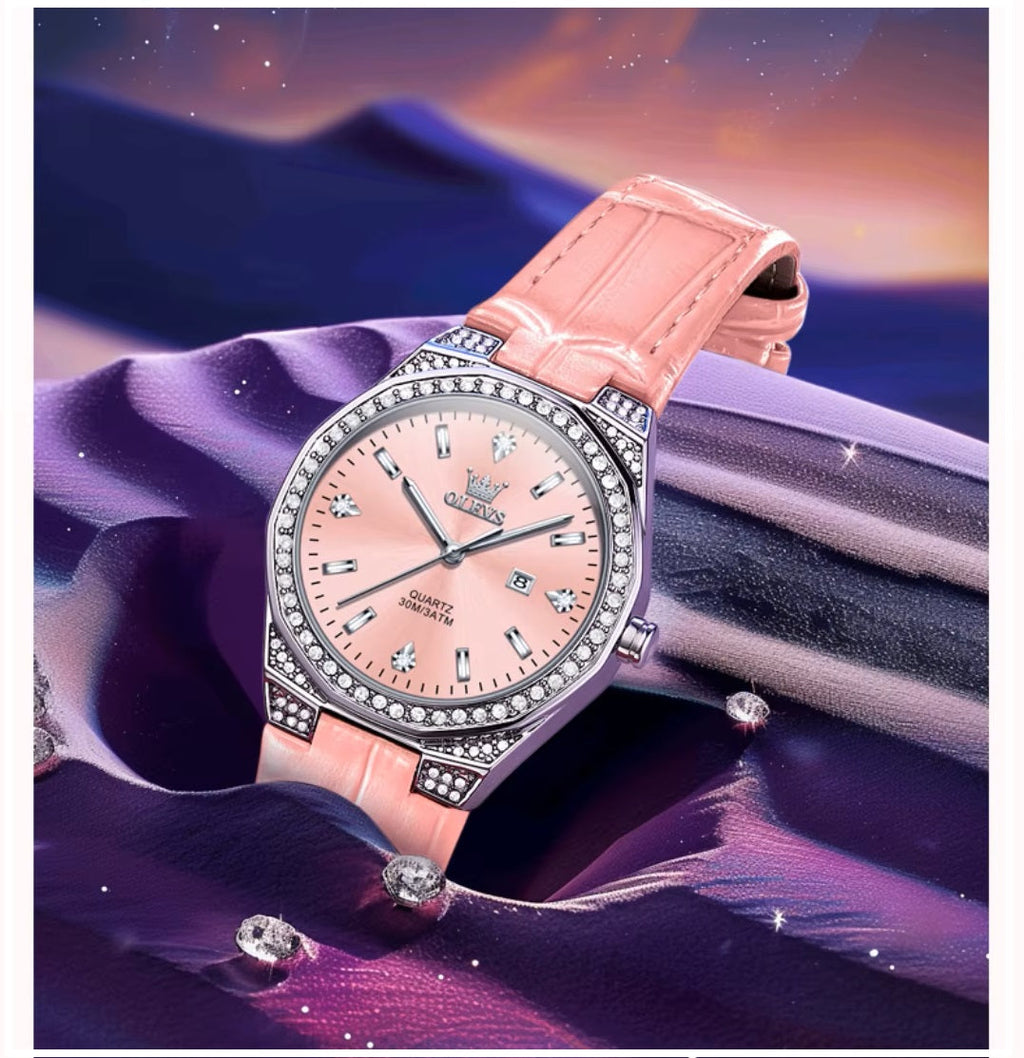 Reloj de Cuarzo para Mujer Correa de Cuero Rosa, Esfera de Cristales