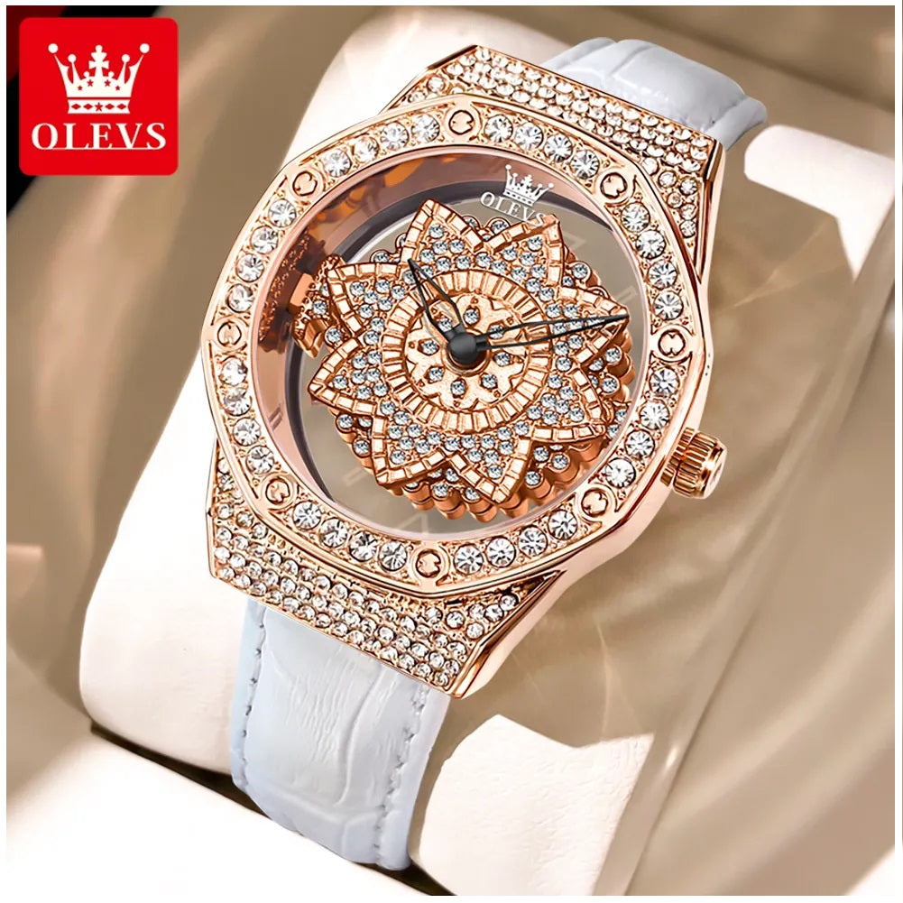 Reloj de Mujer de Lujo con Diseño Floral Rotativo y Correa de Cuero