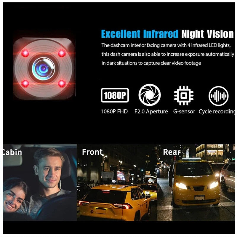 Cámara DVR para Auto Full HD 1080P 3 Canales Visión Nocturna WiFi