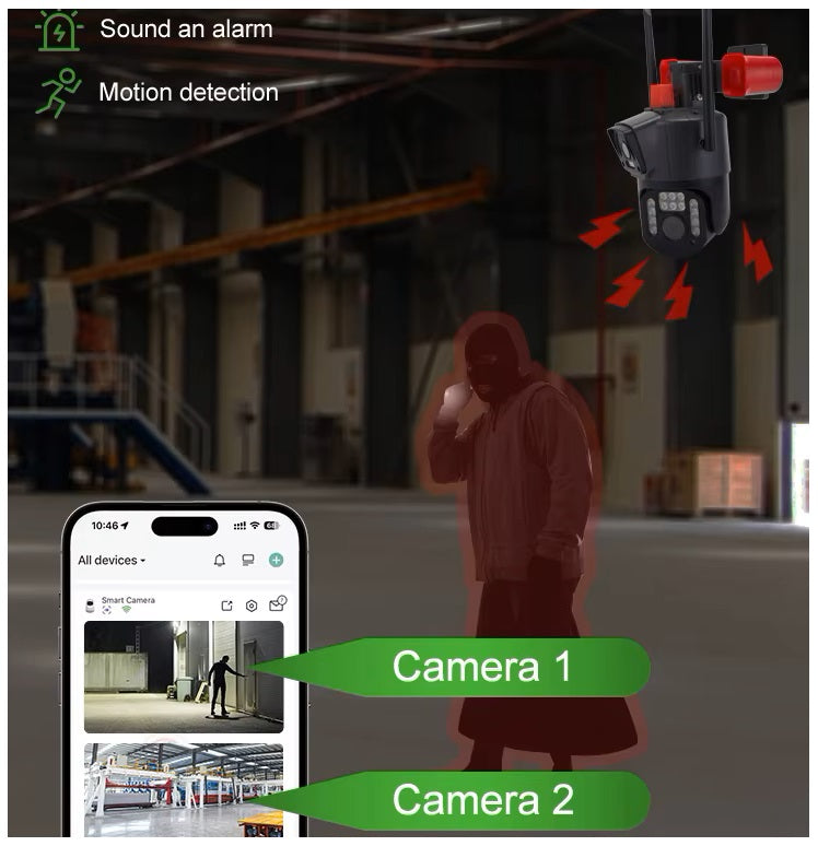 Cámara Seguridad WiFi Doble Lente Sirena Baliza LED HD Cobertura