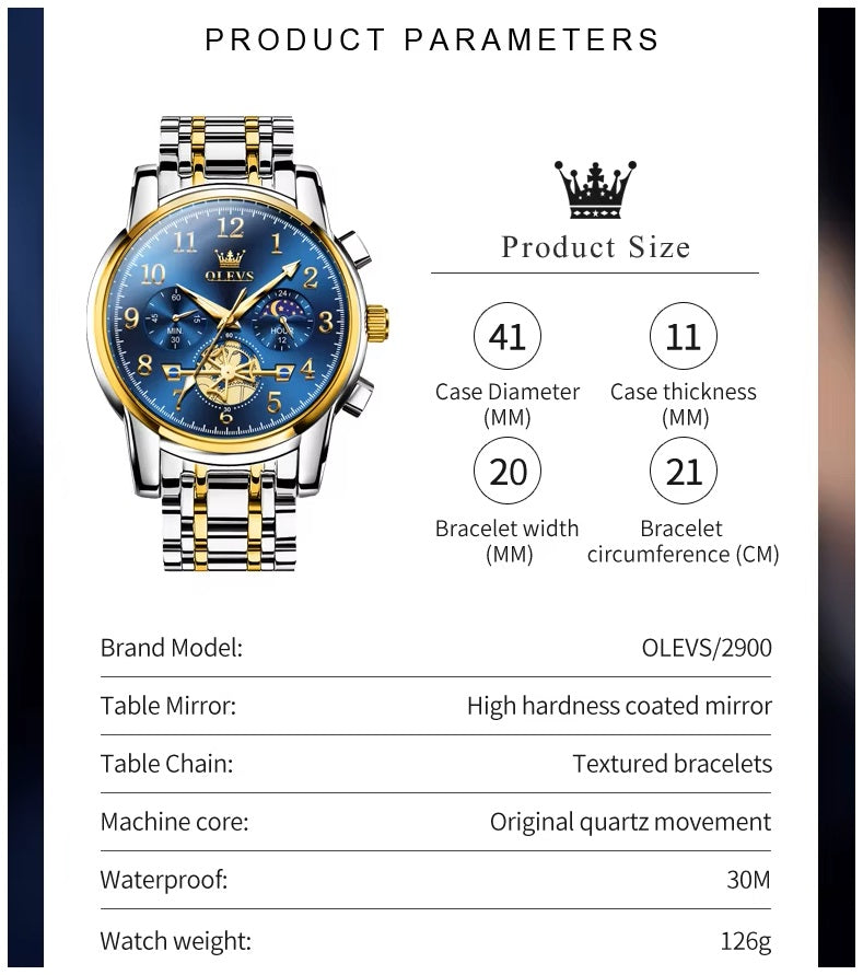Reloj Cronógrafo Hombre con Esfera Azul, Función Fase Lunar